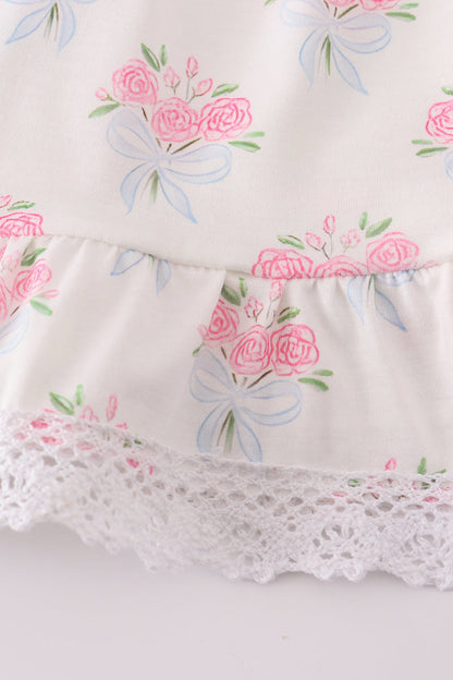 Blue floral bow print ruffle shorts set