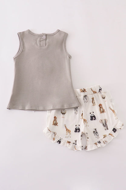 Grey zoo animal print ruffle shorts set