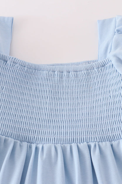 Blue apple applique smocked ruffle shorts set