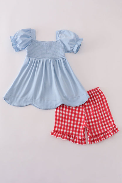 Blue apple applique smocked ruffle shorts set