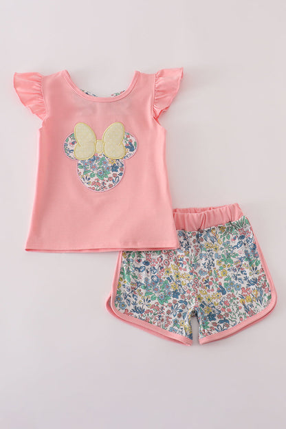 Pink floral character applique shorts set
