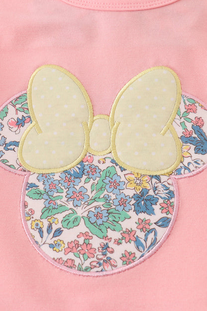 Pink floral character applique shorts set