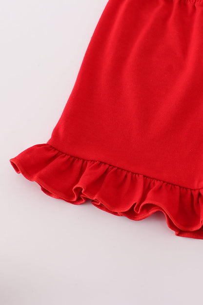 Apple embroidery bow ruffle shorts set