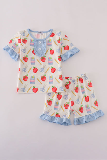 Apple pencil print ruffle shorts set