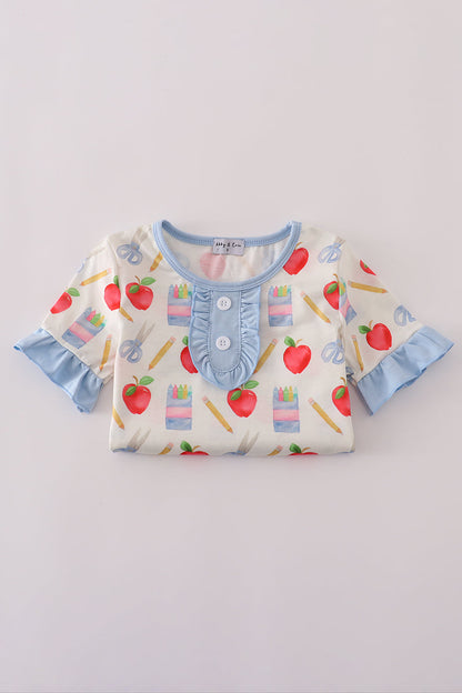 Apple pencil print ruffle shorts set
