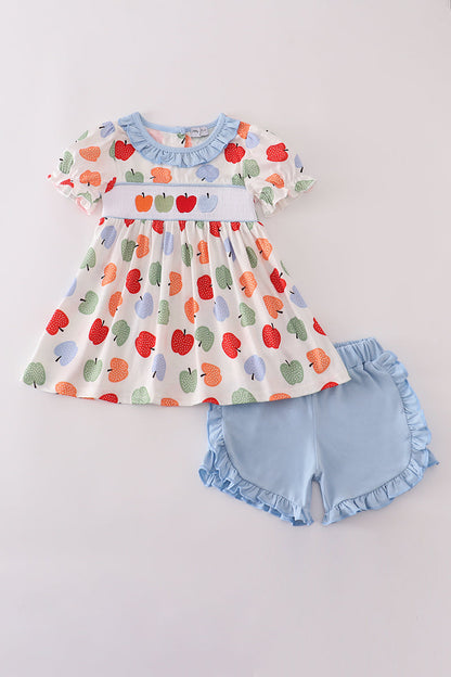 Blue apple embroidery smocked ruffle shorts set