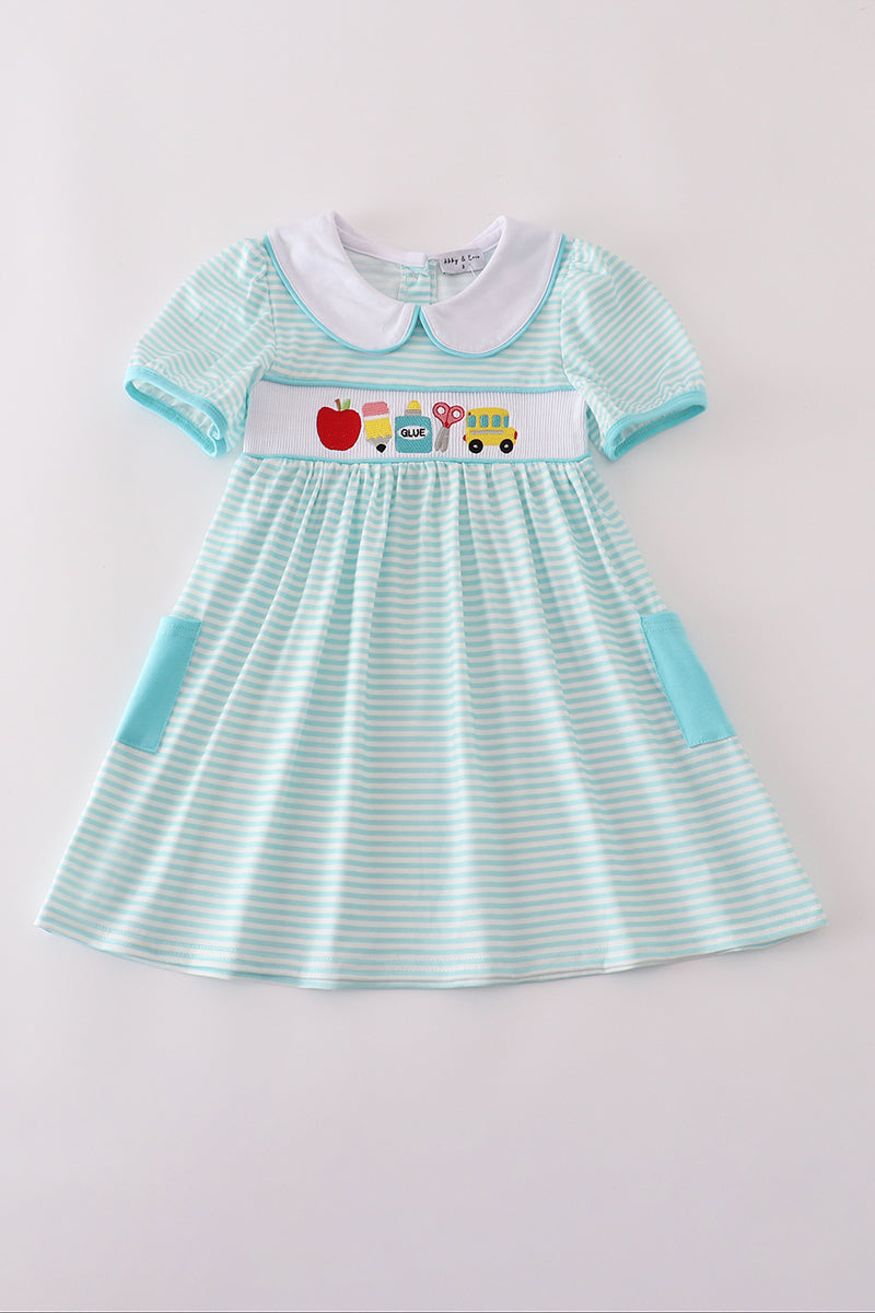 Blue apple pencil bus embroidery smocked stripe dress