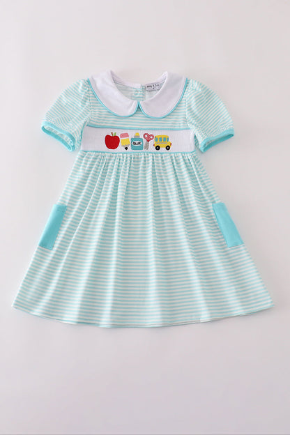Blue apple pencil bus embroidery smocked stripe dress