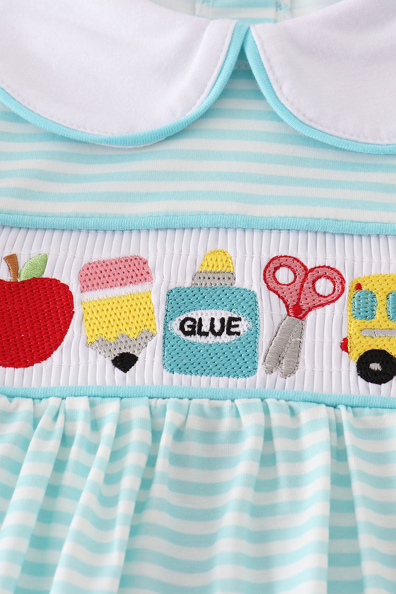 Blue apple pencil bus embroidery smocked stripe dress