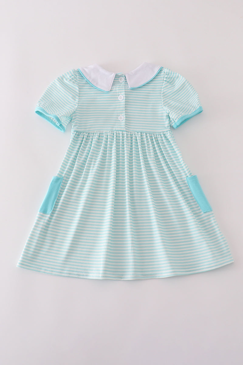 Blue apple pencil bus embroidery smocked stripe dress
