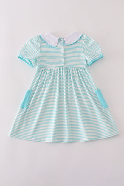 Blue apple pencil bus embroidery smocked stripe dress