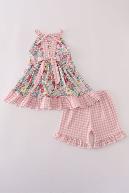 Pink floral bow ruffle shorts set