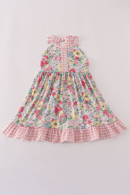 Pink floral bow ruffle dress