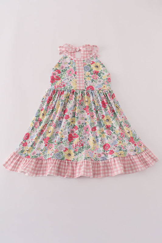 Pink floral bow ruffle dress