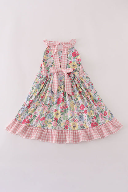 Pink floral bow ruffle dress