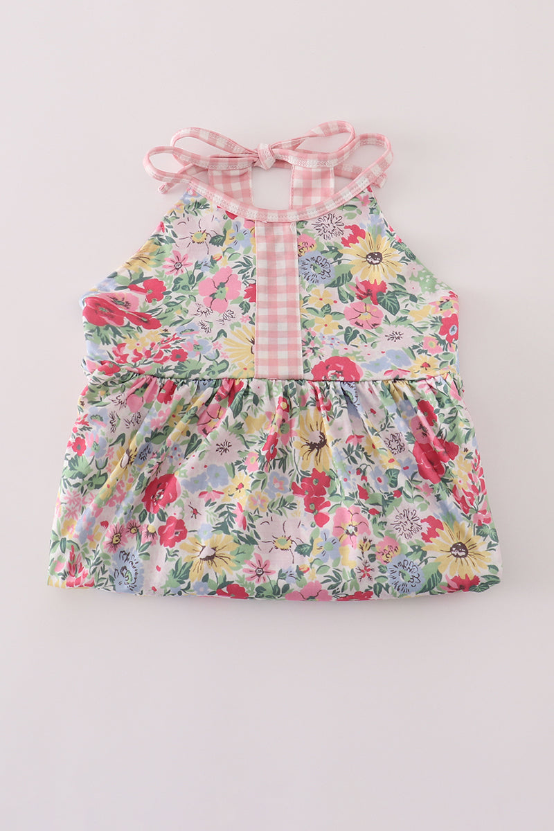 Pink floral bow ruffle dress