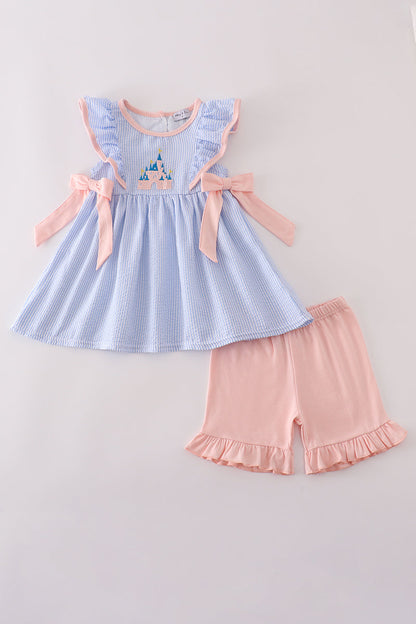 Blue stripe seersucker castle embroidery shorts set