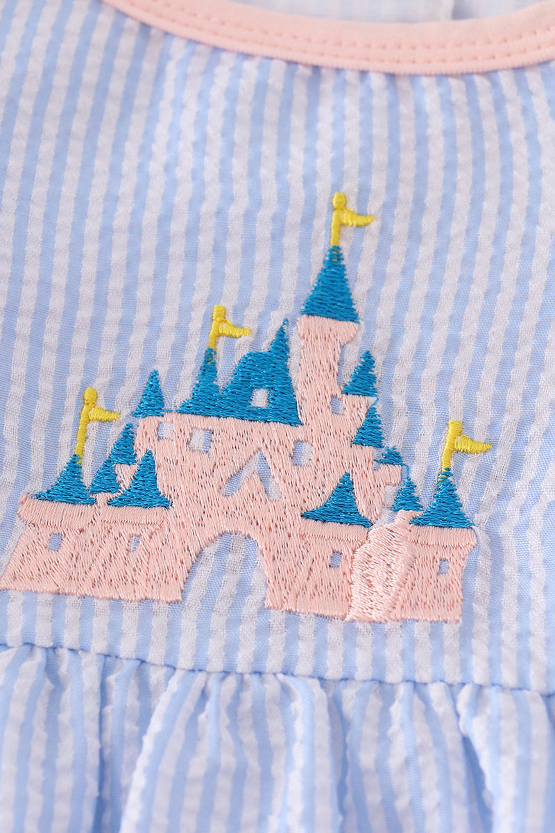 Blue stripe seersucker castle embroidery shorts set