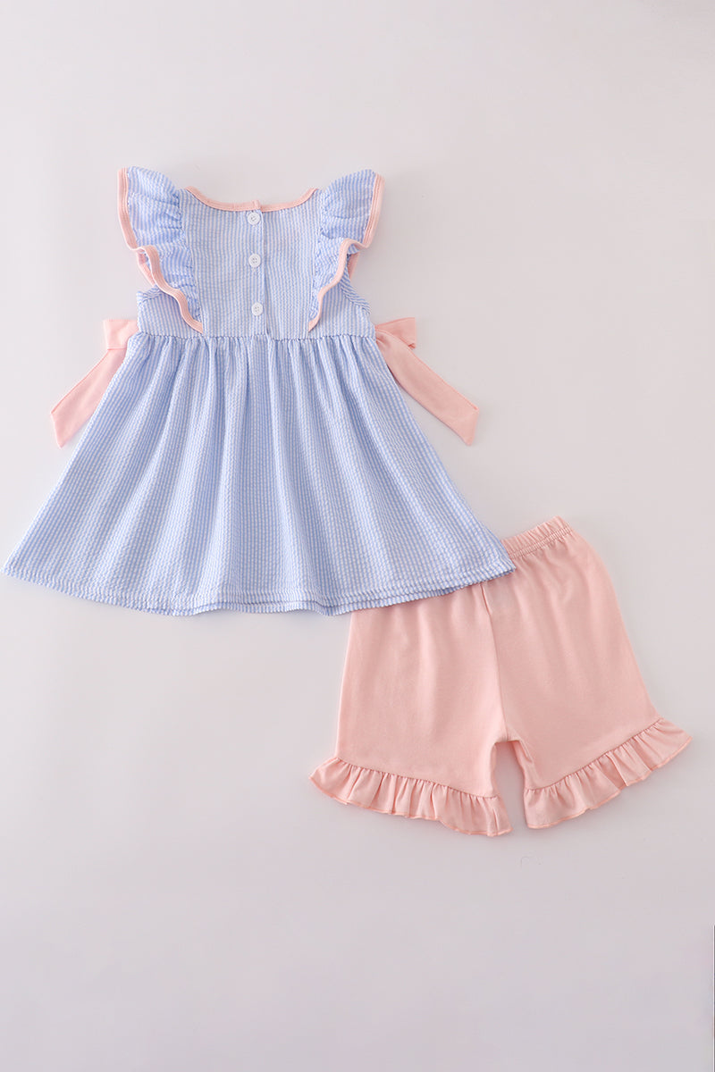 Blue stripe seersucker castle embroidery shorts set