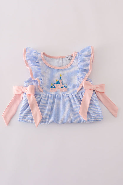 Blue stripe seersucker castle embroidery shorts set