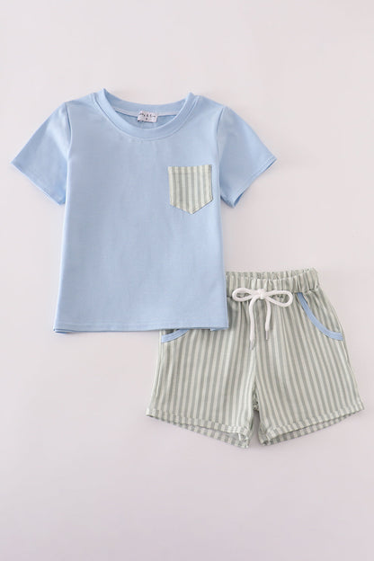 Blue stripe pocket shorts set