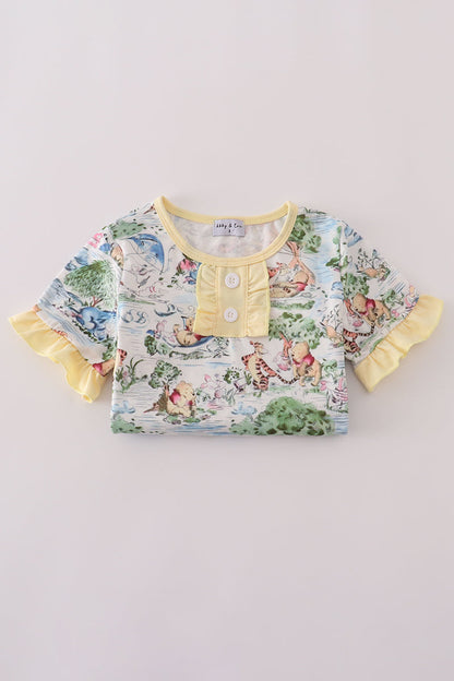Yellow character print ruffle shorts set