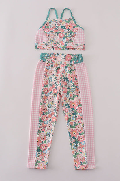 Pink floral print 2pc active tank legging set