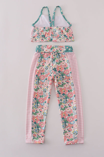 Pink floral print 2pc active tank legging set
