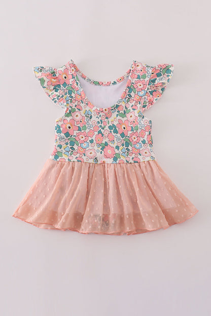 Pink floral print swiss dot leotard