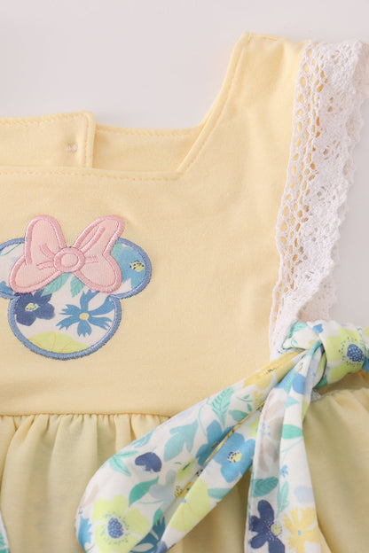 Yellow floral character applique shorts set