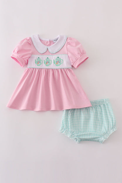 Pink teapot embroidery puff sleeve bloomer set