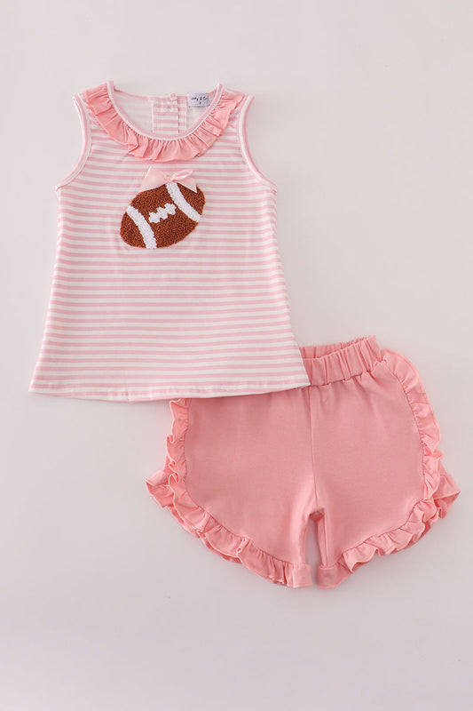 Pink stripe football french knot embroidery ruffle shorts set
