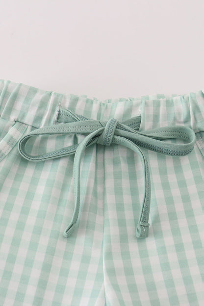 Green cow embroidery smocked gingham shorts set
