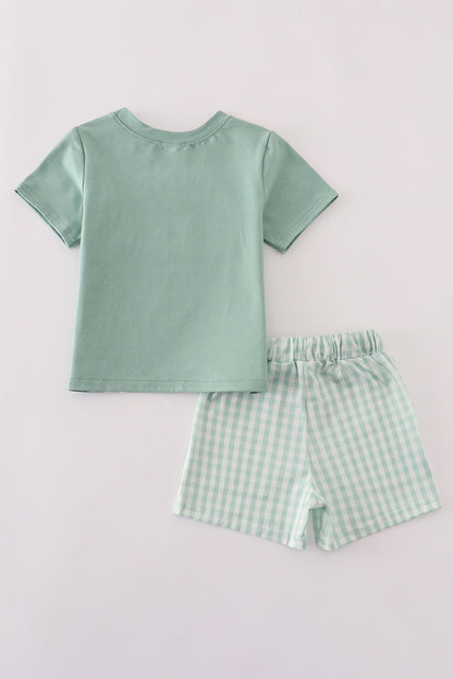 Green cow embroidery smocked gingham shorts set