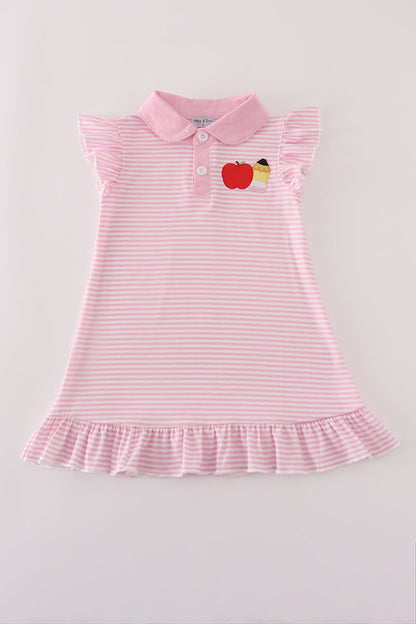 Pink stripe apple applique ruffle button down dress