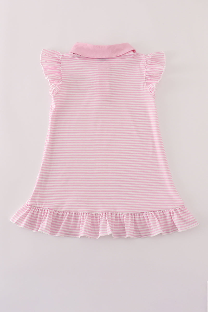 Pink stripe apple applique ruffle button down dress