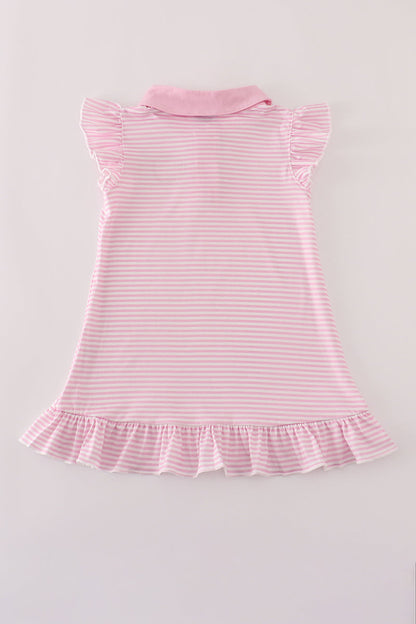Pink stripe apple applique ruffle button down dress