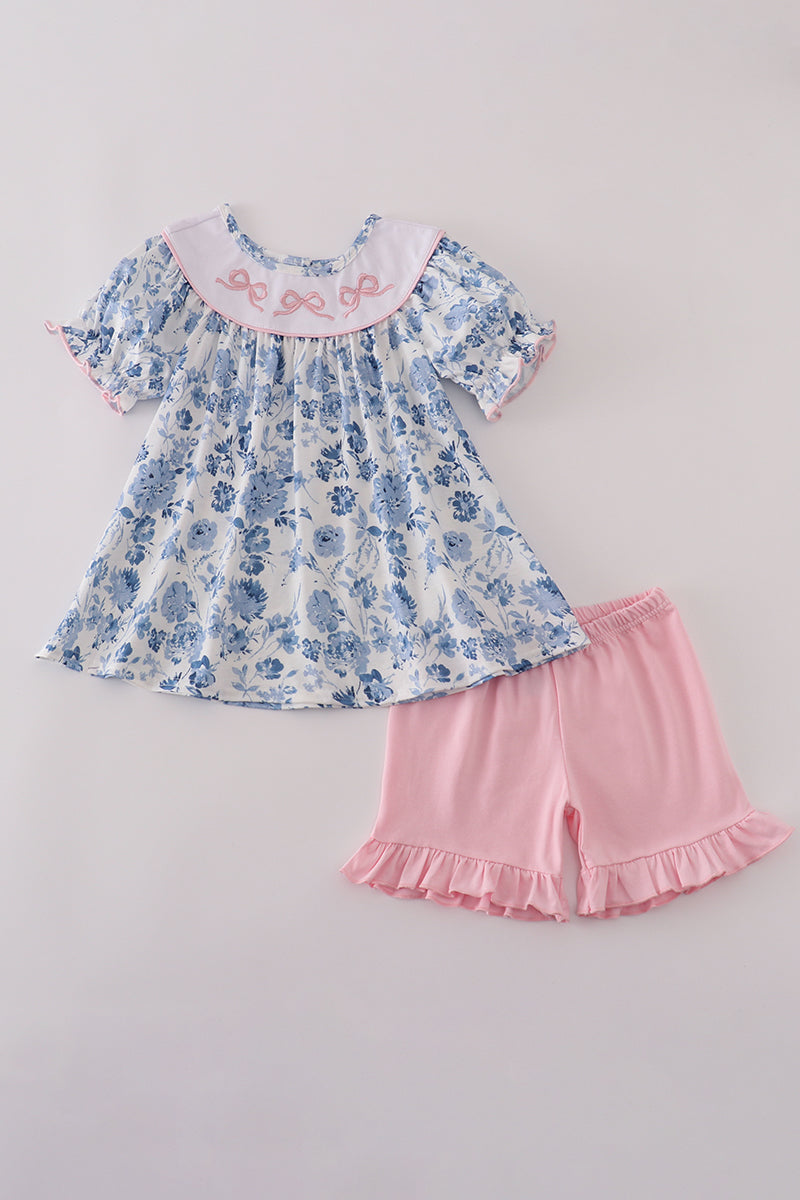 Blue bow embroidery floral shorts set