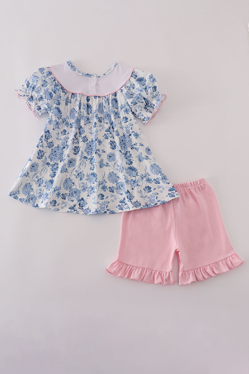 Blue bow embroidery floral shorts set