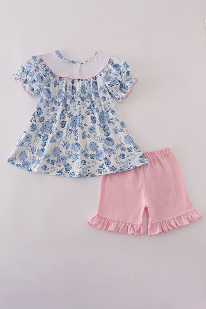 Blue bow embroidery floral shorts set