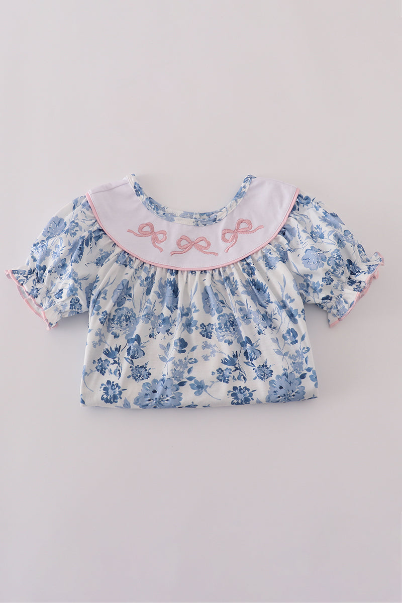 Blue bow embroidery floral shorts set