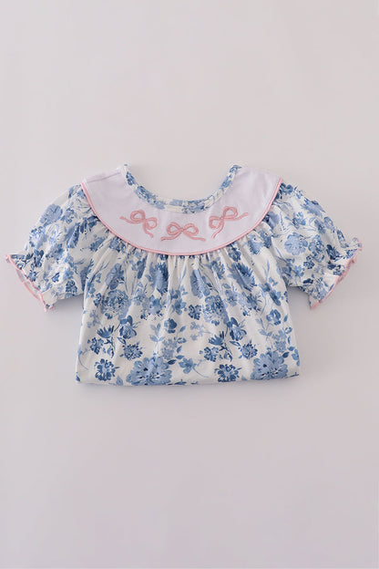 Blue bow embroidery floral shorts set
