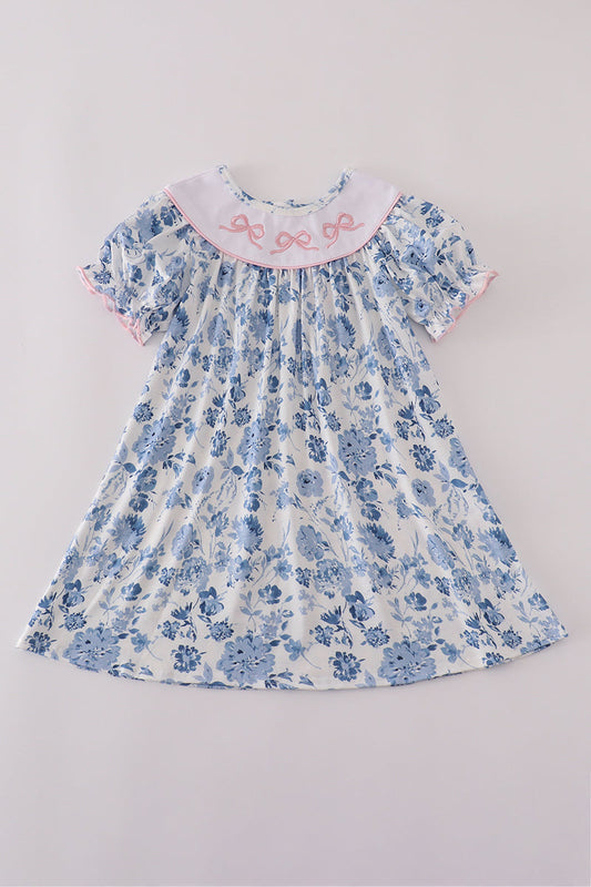 Blue bow embroidery floral dress