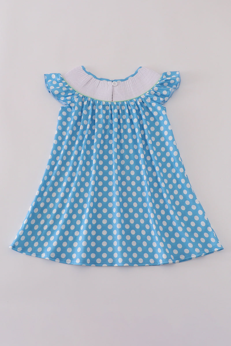 Blue dot character embroidery smocked dress