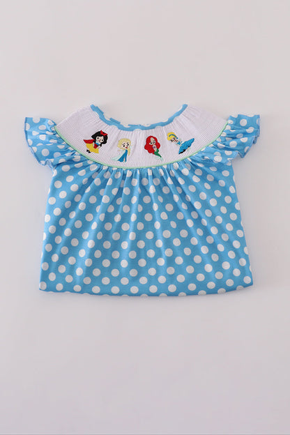 Blue dot character embroidery smocked dress