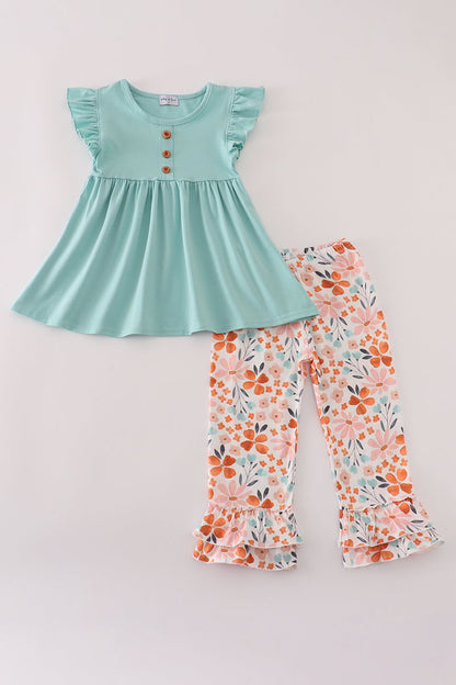 Sage floral ruffle pants set
