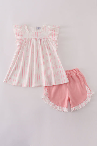 Pink stripe bow print ruffle shorts set