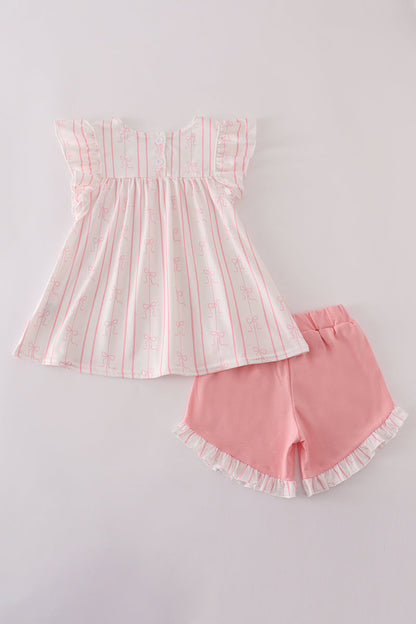 Pink stripe bow print ruffle shorts set