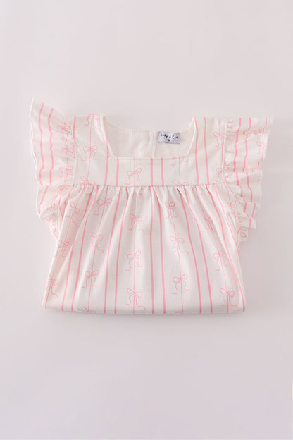 Pink stripe bow print ruffle shorts set