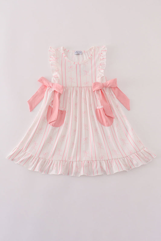 Pink stripe bow print ruffle dress